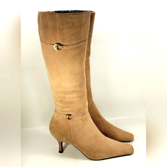 Bandolino Shoes - Bandolino Gillian, Tan Suede, Mid Calf, Square Toe, Kitten Heel Boots. Women's 7
